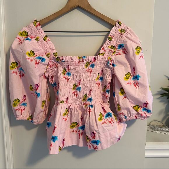 GANNI Pink Floral Cotton Smocked Square Neck Top Blouse Small - Picture 7 of 11